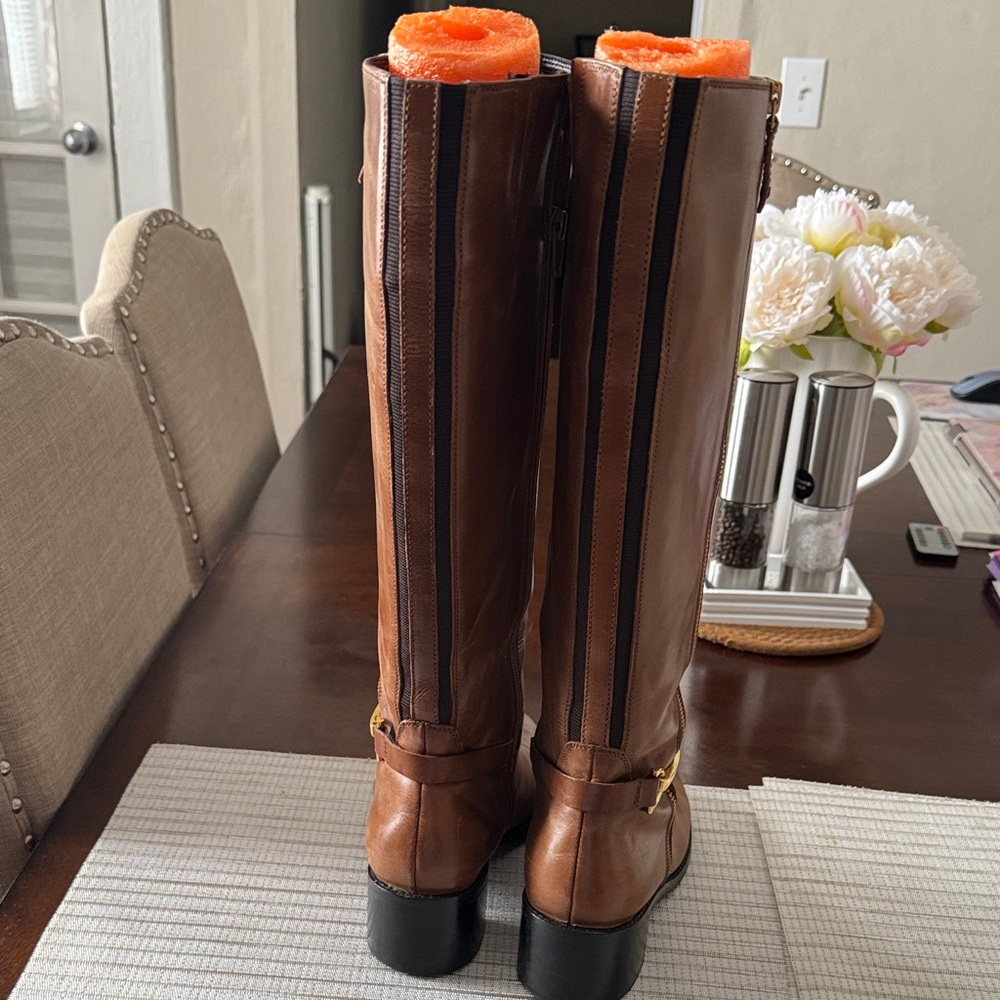 Women's Tall Brown Leather Heeled Riding Boots with Side Zip - Picture 6 of 7